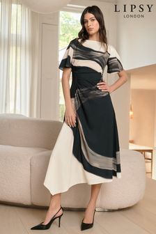 Lipsy Cream and Black Print Ruched Asymmetrical Flutter Sleeve Midi Dress (K72149) | EGP2,371