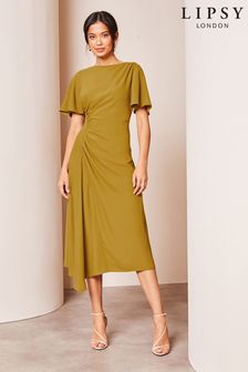 Lipsy Green Petite Ruched Asymmetrical Flutter Sleeve Midi Dress (K72274) | AED301
