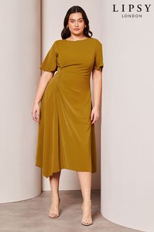 Lipsy Green Curve Ruched Asymmetrical Flutter Sleeve Midi Dress (K72276) | AED301