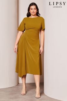 Lipsy Green Curve Ruched Asymmetrical Flutter Sleeve Midi Dress (K72276) | $109