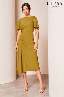 Lipsy Ruched Asymmetrical Flutter Sleeve Midi Dress