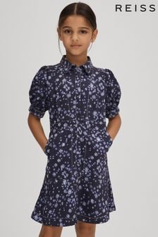 Reiss Navy Print Joanne Junior Printed Puff Sleeve Dress (K72461) | $158