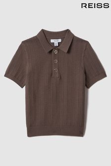 Reiss Pecan Brown Pascoe Teen Textured Modal Blend Polo Shirt (K72464) | AED302