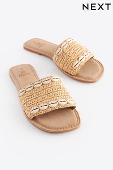 Neutral Regular/Wide Fit Forever Comfort® Raffia Mules With Shell Detail (K72469) | AED136