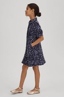Reiss Navy Print Joanne Senior Printed Puff Sleeve Dress (K72491) | $113