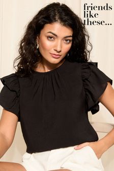Friends Like These Black Double Ruffle Short Sleeve Top (K72638) | AED144