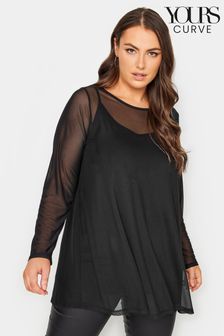 Yours Curve Black Limited Long Sleeve Swing Mesh Top (K73080) | $38