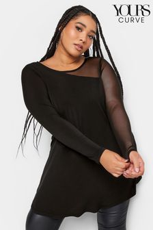 Yours Curve Black Limited Half Mesh Long Sleeve Swing Top (K73107) | ₪ 121
