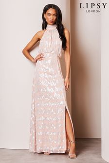 Розовый - Платье макси для подружки невесты с люрексом и разрезом металлик Lipsy (K73178) | €128