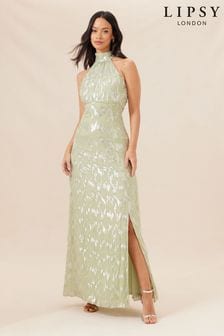 Lipsy Green Petite Bridesmaid Halter Lurex Metallic Split Maxi Dress (K73180) | $182