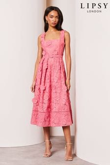 Lipsy Pink Premium 3D Lace Embroidery Floral Midi Prom Dress (K73351) | $230