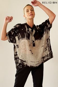 Black Abstract Print - Blusa oculta extragrande con estampado abstracto cuello anudado de Religion (K73518) | 92 €