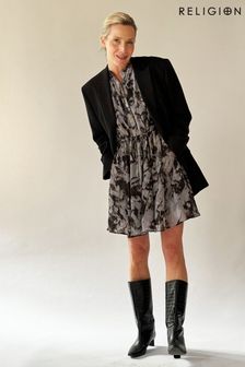 Religion A-Line Shirt Dress With Pockets And Long Sheer Sleeves