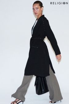 Religion Black Long Glory Duster Coat Jacket With Studs Trim (K73531) | AED532