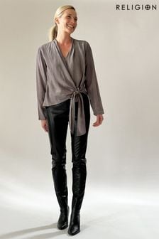 Religion Grey Long Sleeve Tie Front Double Layer Top In Cupro (K73541) | €43