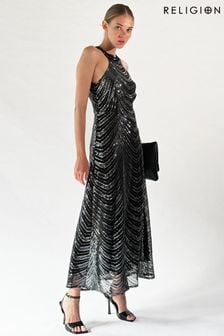 Religion Silver Halterneck Beaded Sequin Midi Maxi Dress (K73552) | $206