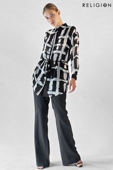 Religion Black/White Oversized Sheer Printed Georgette Shirt With Tie Option (K73554) | $151