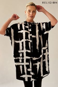 Religion Natural Oversized Destiny Tunic Dress In Bold Monochrome Print (K73560) | $119