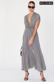 Religion Wrap Maxi Dress With Full Skirt In Grey Dot On Grey (K73562) | ￥20,260