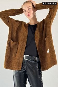 Religion Brown Longline Draped Cardigan With Patch Pockets (K73566) | €122