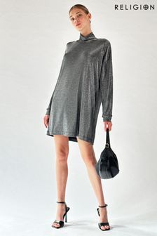 Religion Silver Long Sleeved Slinky Metallic Jersey Karla Tunic Dress (K73577) | $132