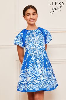 Lipsy Blue/White Print Puff Sleeve Scuba Occasion Dress (5-16yrs) (K73611) | 158 QAR - 198 QAR