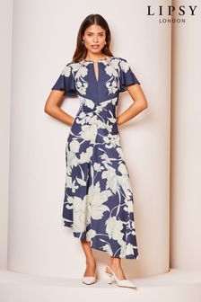Lipsy Navy Floral Ruched Front Keyhole Cut out Asym Midi Dress (K73612) | AED327