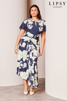 Lipsy Navy Blue Curve Ruched Front Keyhole Cut Out Asymmetrical Midi Dress (K73635) | €90