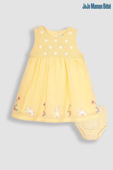 JoJo Maman Bébé Yellow Bunny Floral Embroidered Smocked Baby Dress (K73926) | AED144