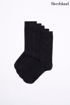 River Island Black Logo Embroidered Multipack of 5 Ankle Socks (K74052) | $41