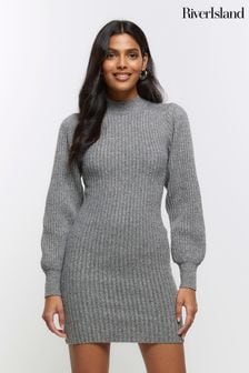 River Island Grey Puff Sleeve Cosy Jumper Dress (K74091) | kr519