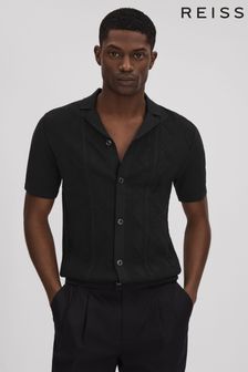 Reiss Black Fortune Cable Knit Cuban Collar Shirt (K74318) | 867 QAR