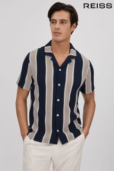 Reiss Navy/Camel Alton Slim Fit Ribbed Cuban Collar Shirt (K74371) | ₪ 642