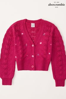 Abercrombie & Fitch Pink Textured Floral Embroidered Cropped V-Neck Knitted Cardigan (K74418) | €61
