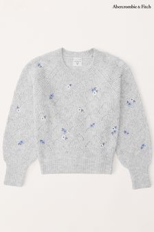 Abercrombie & Fitch Grey Textured Floral Embroidered Cropped Knitted Jumper