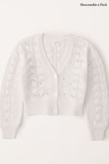 Abercrombie & Fitch Cream Textured Pointelle Cropped V-Neck Knitted Cardigan (K74473) | $54