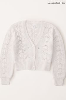 Abercrombie & Fitch Cream Textured Pointelle Cropped V-Neck Knitted Cardigan