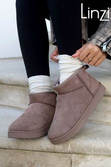 Linzi Mocha Brown Mini Addy Faux Suede Faux Fur Lined Ankle Boots (K74485) | ₪ 161