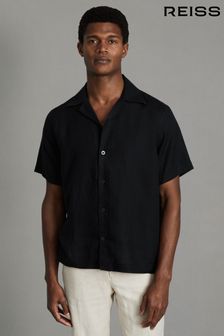 Czarny - Lniana koszula Reiss Beldi o luźnym kroju z kubańskim kołnierzykiem (K74854) | 660 zł