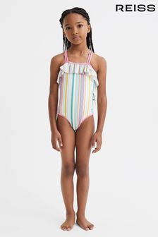 Reiss Multi Cora Senior Striped Frilly Cross-Back Swimsuit (K74865) | OMR34