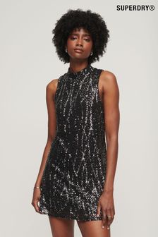 Superdry Black Sleeveless Sequin A Line Mini Dress (K74883) | LEI 534