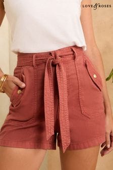 Love & Roses Red Belted Cotton Twill Utility Shorts (K74899) | $80