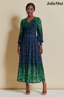 Jolie Moi Blue Quiyn Symemetrical Print Lace Maxi Dress (K75002) | $209
