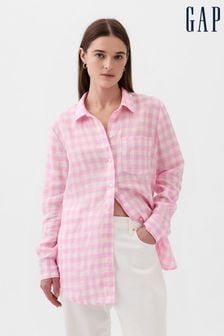 Gap Pink Gingham Linen Long Sleeve Oversized Shirt (K75061) | €71