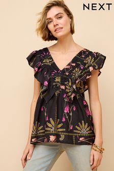 Black Floral Print Sleeveless Ruffle V-Neck Top (K75099) | OMR16