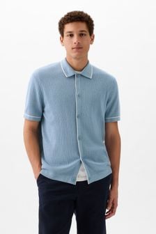 Albastru - Gap Ribbed Buttoned Short Sleeve Knit Shirt (K75254) | 269 LEI