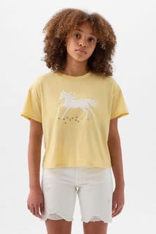 Żółty - Koszulka Gap z krótkim rękawem, okrągłym dekoltem i grafiką z cekinów (4-13 lat) (K75419) | 100 zł