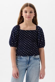 Gap Navy And Cream Spots Puff Sleeve Square Neck Smocked Top (4yrs-13yrs) (K75439) | kr208