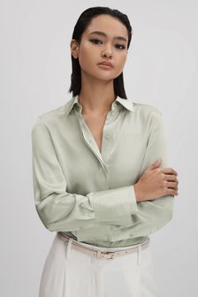 Reiss Green Irina Silk Button-Through Shirt (K76071) | HK$2,848
