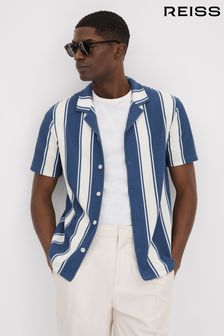 Reiss Airforce Blue/White Alton Slim Fit Ribbed Cuban Collar Shirt (K76099) | OMR66
